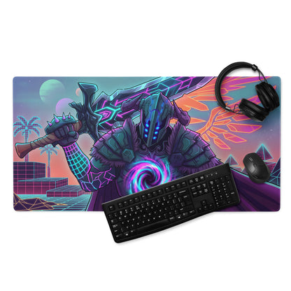 Neon dragon vaporwave mouse pad in neon pink and purple featuring an armored warrior with glowing blue eyes and futuristic sword