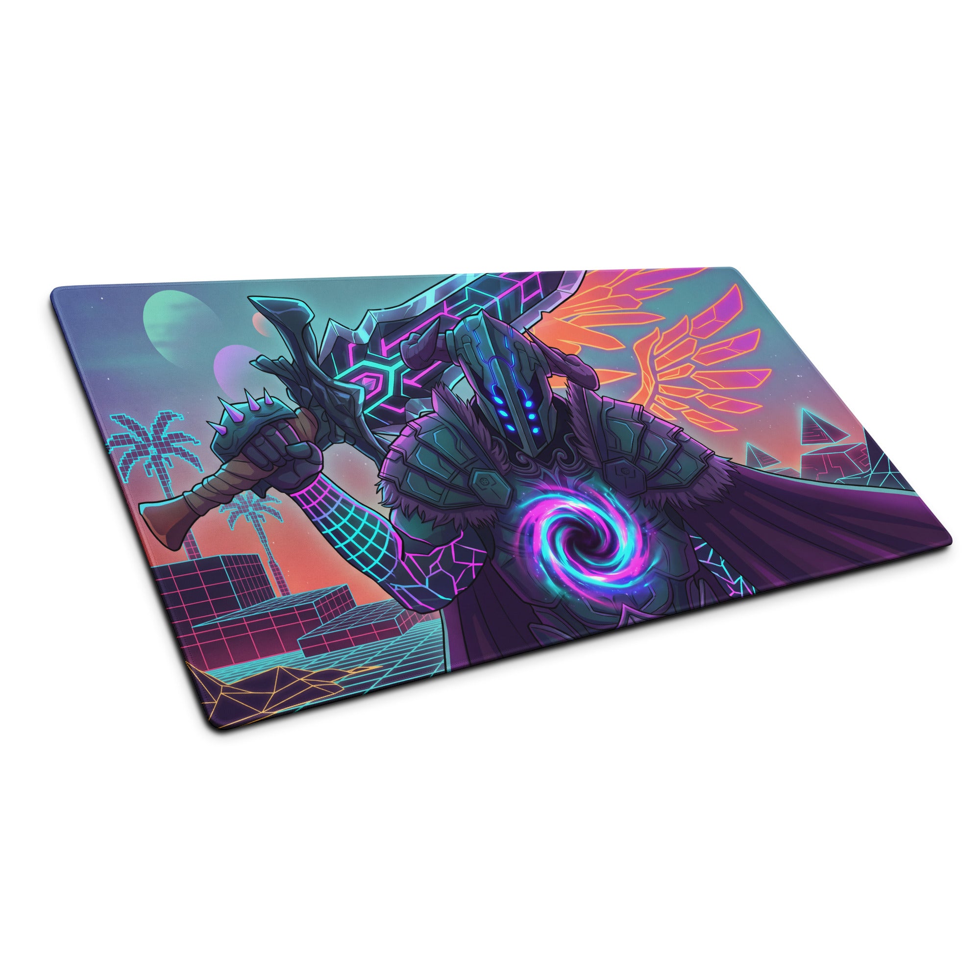 Neon dragon vaporwave mouse pad with neon pink purple colors featuring armored warrior and retro-futuristic cityscape design