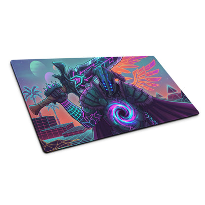 Neon dragon vaporwave mouse pad with neon pink purple colors featuring armored warrior and retro-futuristic cityscape design