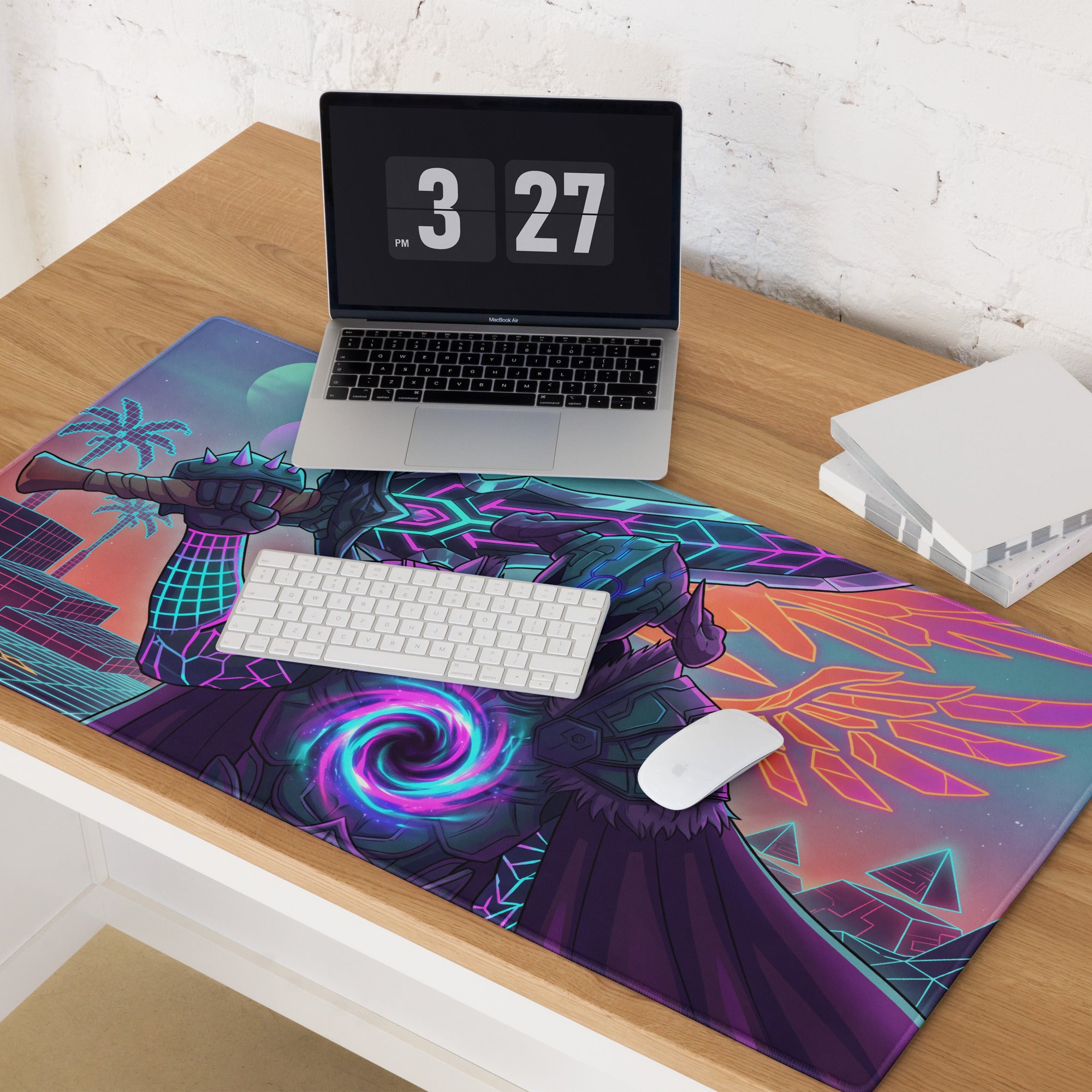 Neon dragon vaporwave mouse pad featuring vibrant neon purple and cyan colors with a stylized armored figure and glowing wings