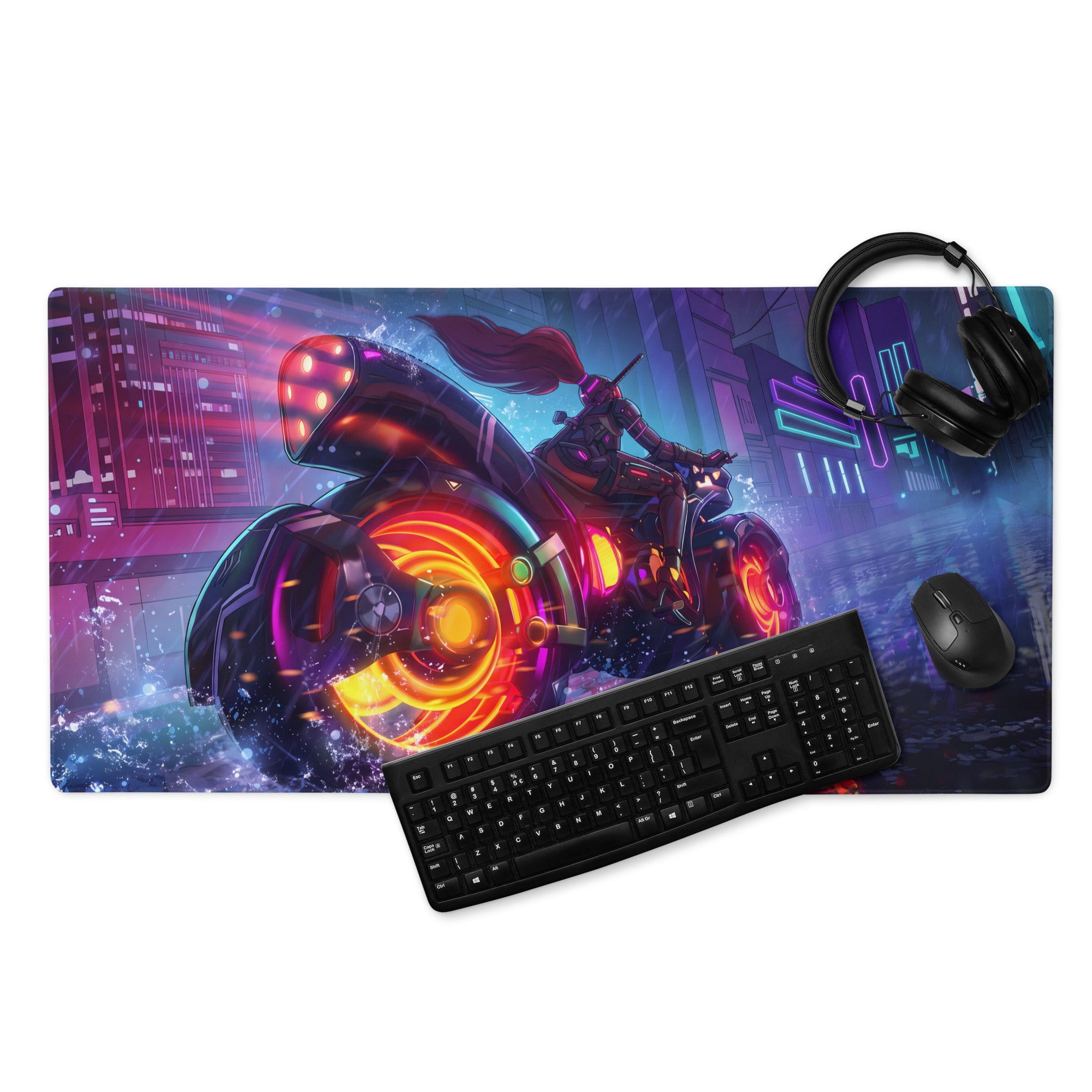 Neon vaporwave gaming mouse pad with neon cyberpunk motorcycle racing scene in pink purple and blue for desk setup