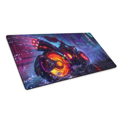 Neon vaporwave gaming mouse pad with vibrant neon-lit futuristic motorcycle and glowing orange red wheels on cyberpunk cityscape
