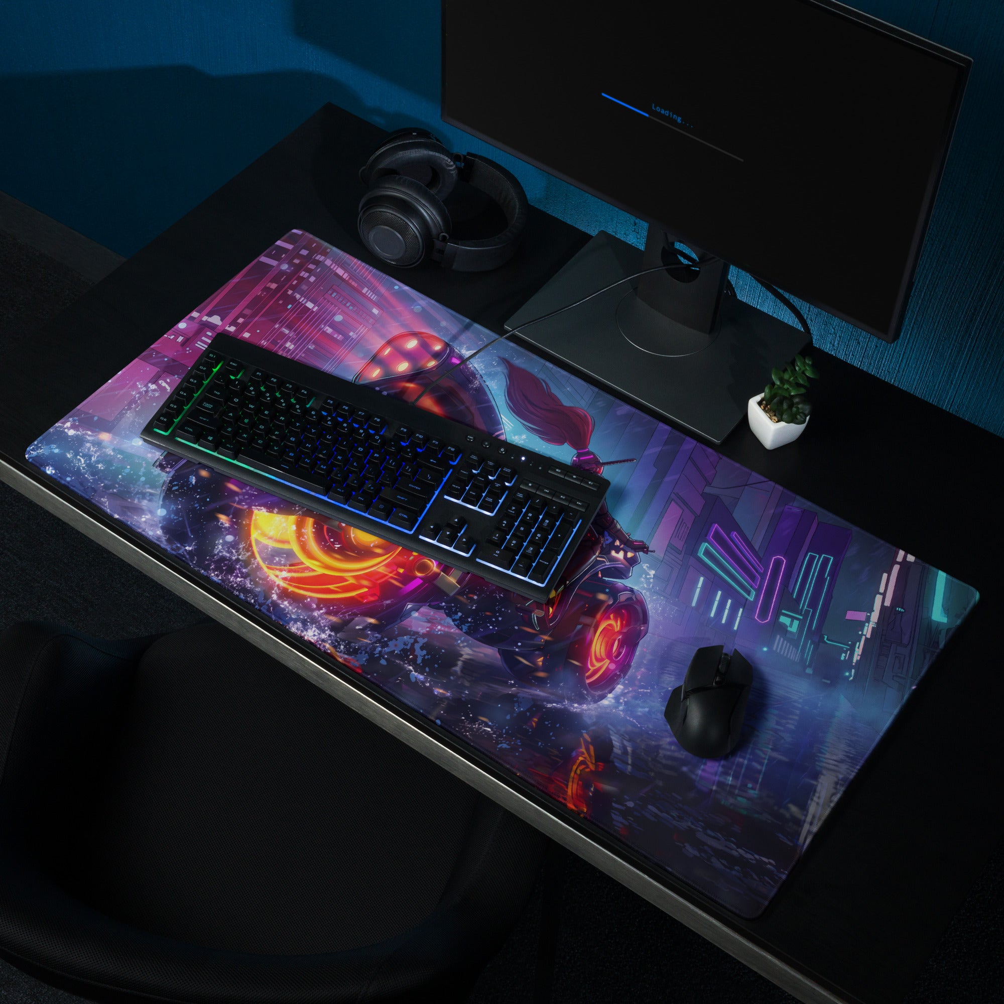 Neon vaporwave gaming mouse pad with vibrant neon pink purple blue cyberpunk character and glowing cityscape design