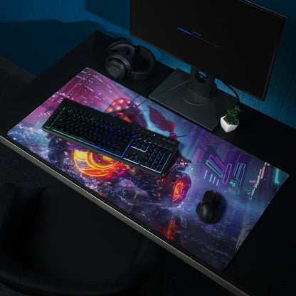Neon vaporwave gaming mouse pad with vibrant neon pink purple blue cyberpunk character and glowing cityscape design