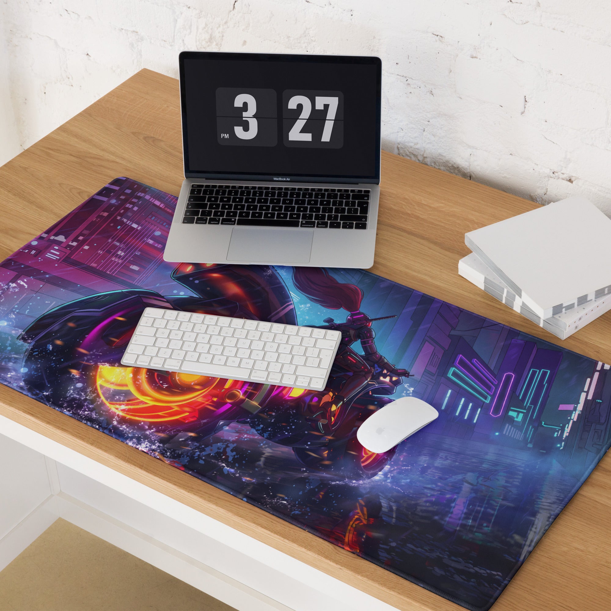Neon vaporwave gaming mouse pad with vibrant purple orange and blue hues featuring a futuristic cityscape character