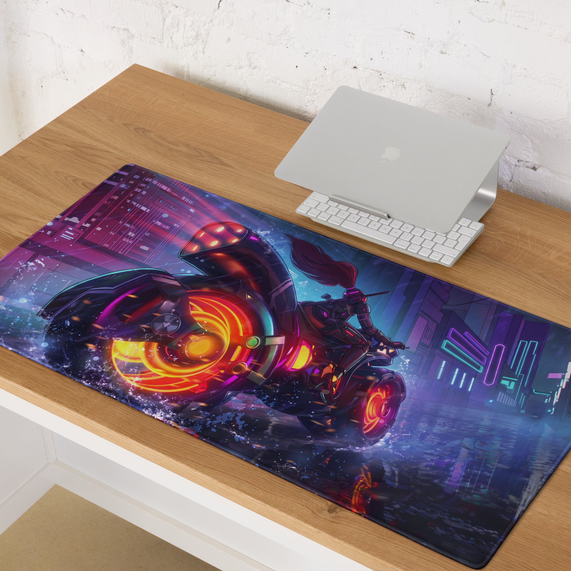 Neon vaporwave gaming mouse pad with a vibrant neon-themed futuristic motorcycle in orange and purple for cyberpunk desk setup