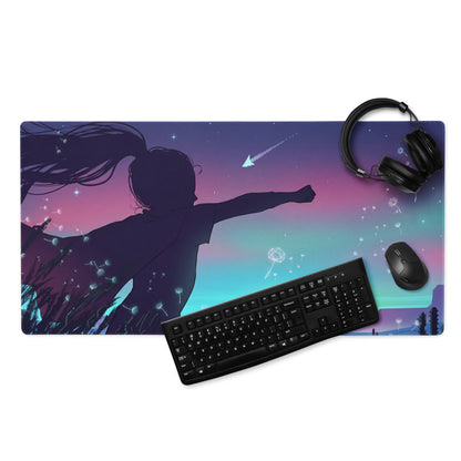 Vaporwave nightfall rectangular gaming mousepad with purple pink gradient sky stars dandelions and girl silhouette
