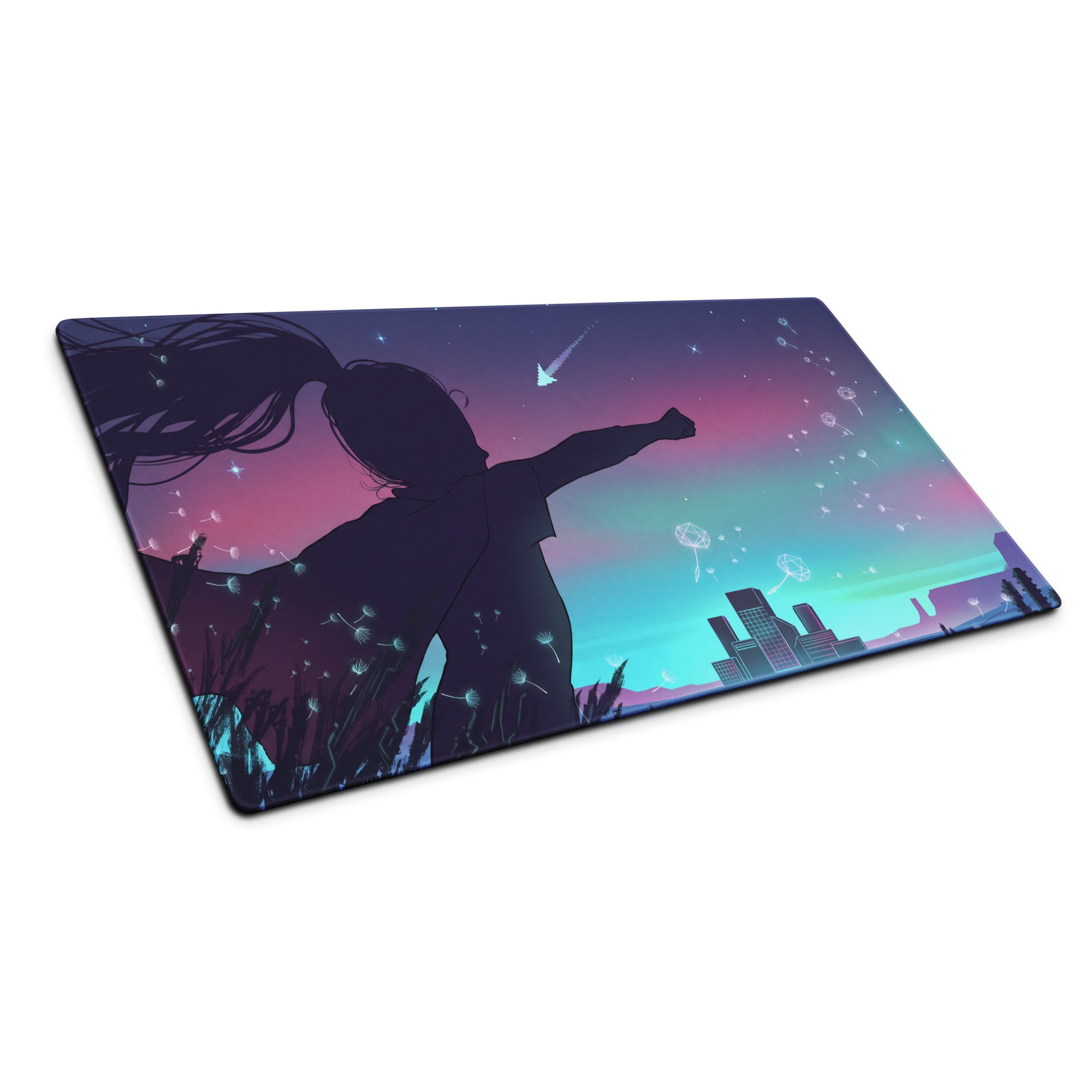 Vaporwave nightfall rectangular gaming mousepad with purple pink gradient and silhouette under colorful aurora sky design