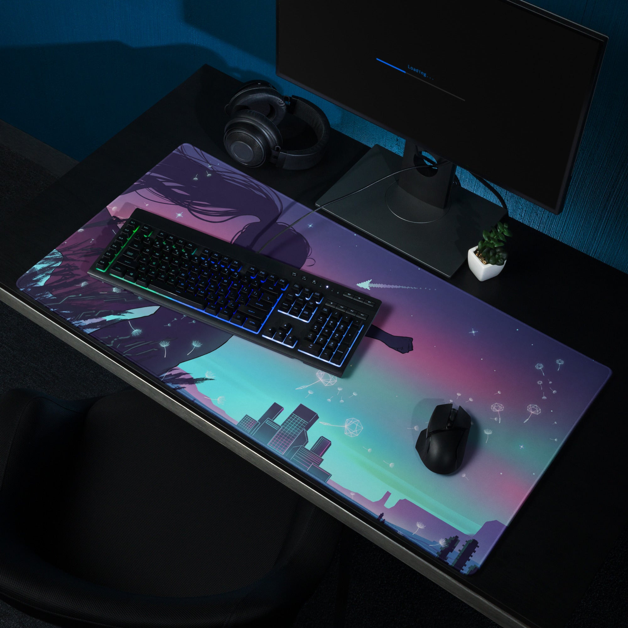Vaporwave nightfall mouse pad with vibrant anime design purple pink gradient sky city silhouettes and floating dandelions