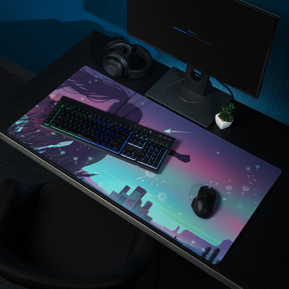 Vaporwave nightfall mouse pad with vibrant anime design purple pink gradient sky city silhouettes and floating dandelions