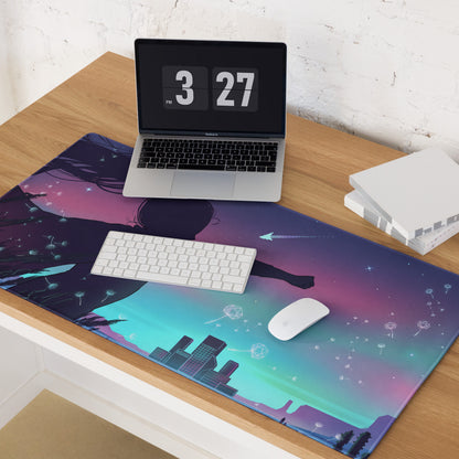 A vibrant vaporwave nightfall mouse pad with a purple pink gradient, anime figure, cityscape, and dreamy neon design