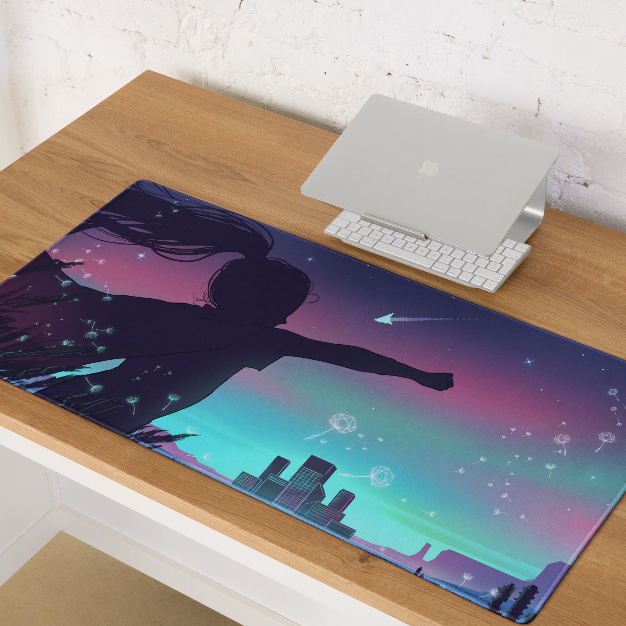 Vaporwave nightfall mouse pad with purple pink gradient and silhouette of girl against dreamy sky and cityscape design