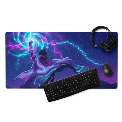 Vaporwave neon desk mat featuring vibrant purple and blue cosmic anime character summoning lightning gaming mousepad