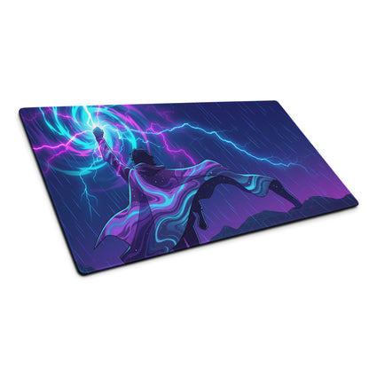 Vaporwave neon desk mat featuring vibrant purple and blue lightning with dynamic superhero silhouette design