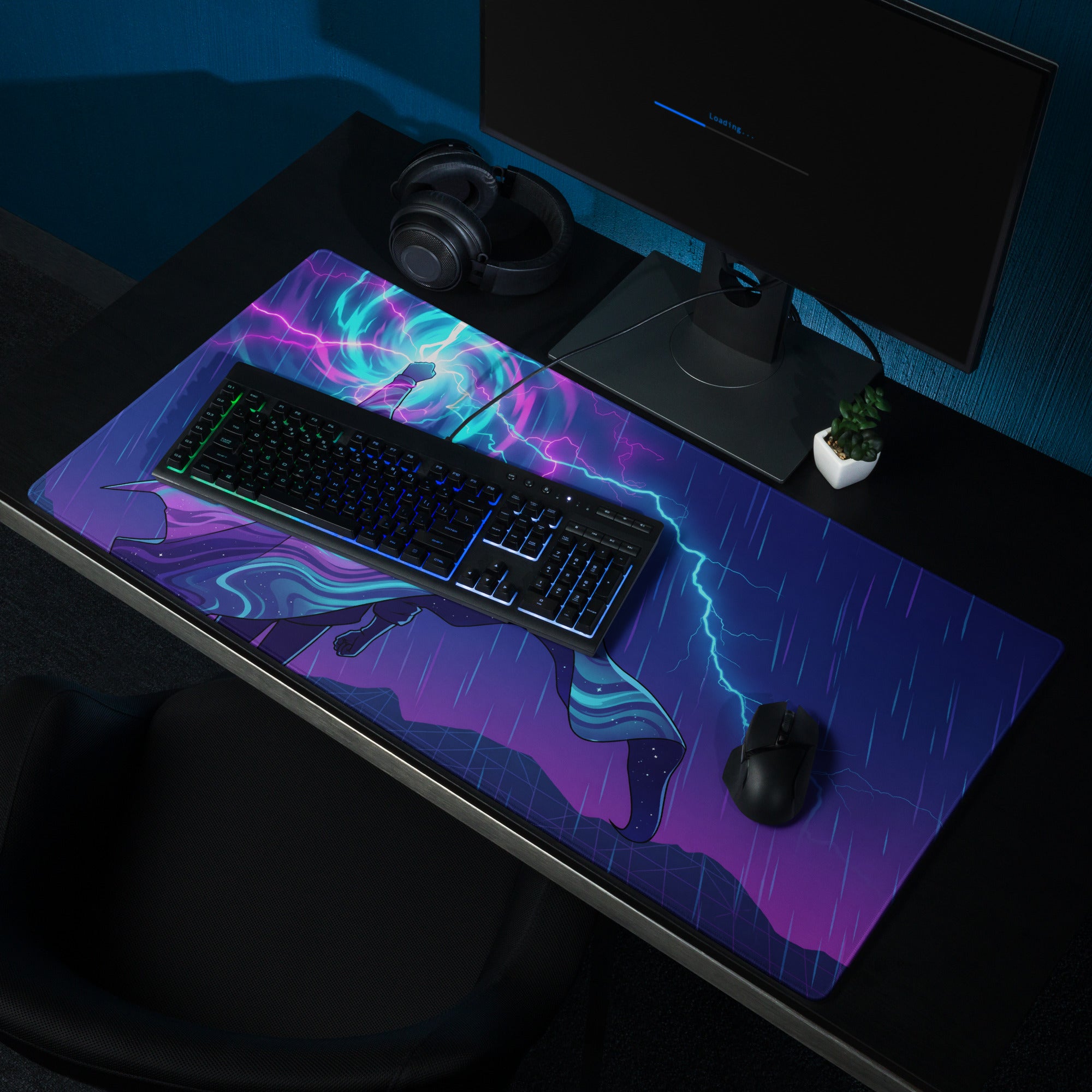 Vibrant purple and blue vaporwave neon desk mat featuring a cosmic lightning bolt design for retro gaming