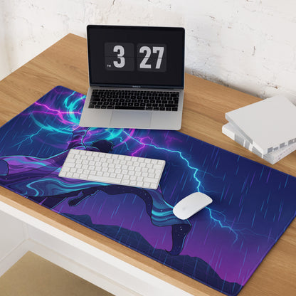 Vibrant purple and blue lightning-themed vaporwave neon desk mat with anime-style character for gaming use