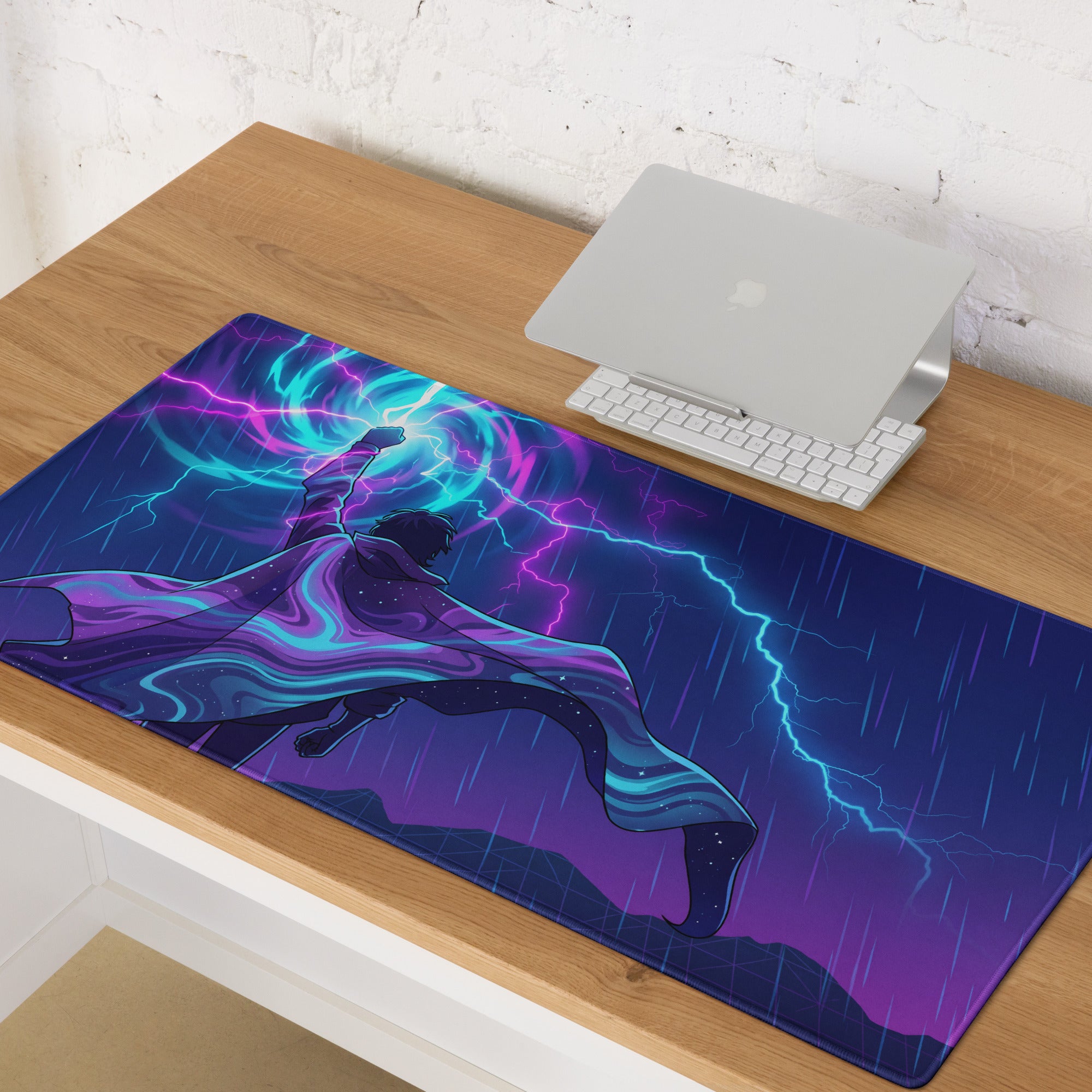 Vaporwave neon desk mat featuring vibrant purple and blue cosmic design with dynamic anime character and lightning bolts