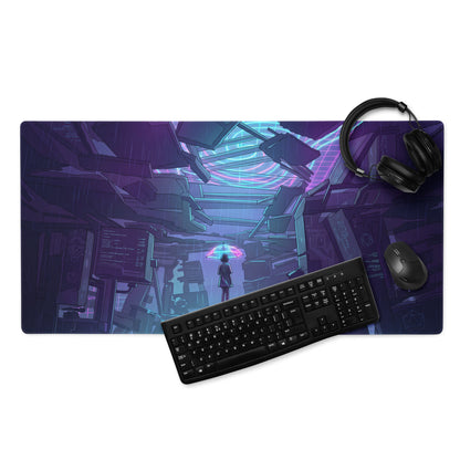 Neon vaporwave rectangular gaming mousepad with vibrant purple and blue cyberpunk art featuring a figure under umbrella