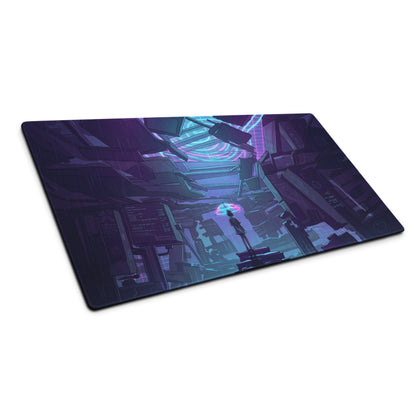 Neon vaporwave gaming mouse pad with sleek glossy surface purple cyan neon lighting and dark architectural design