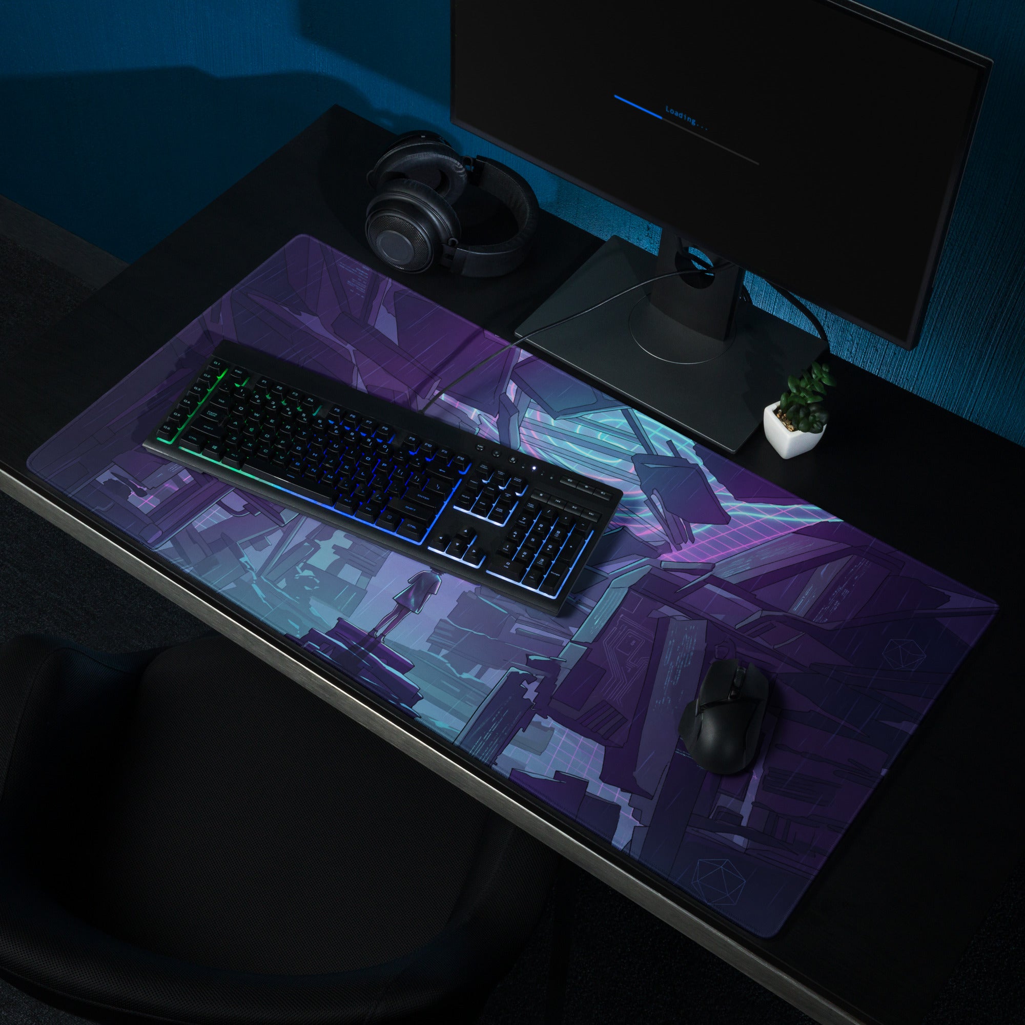 Purple and teal futuristic cityscape gaming mousepad with glossy finish featuring neon vaporwave digital art design