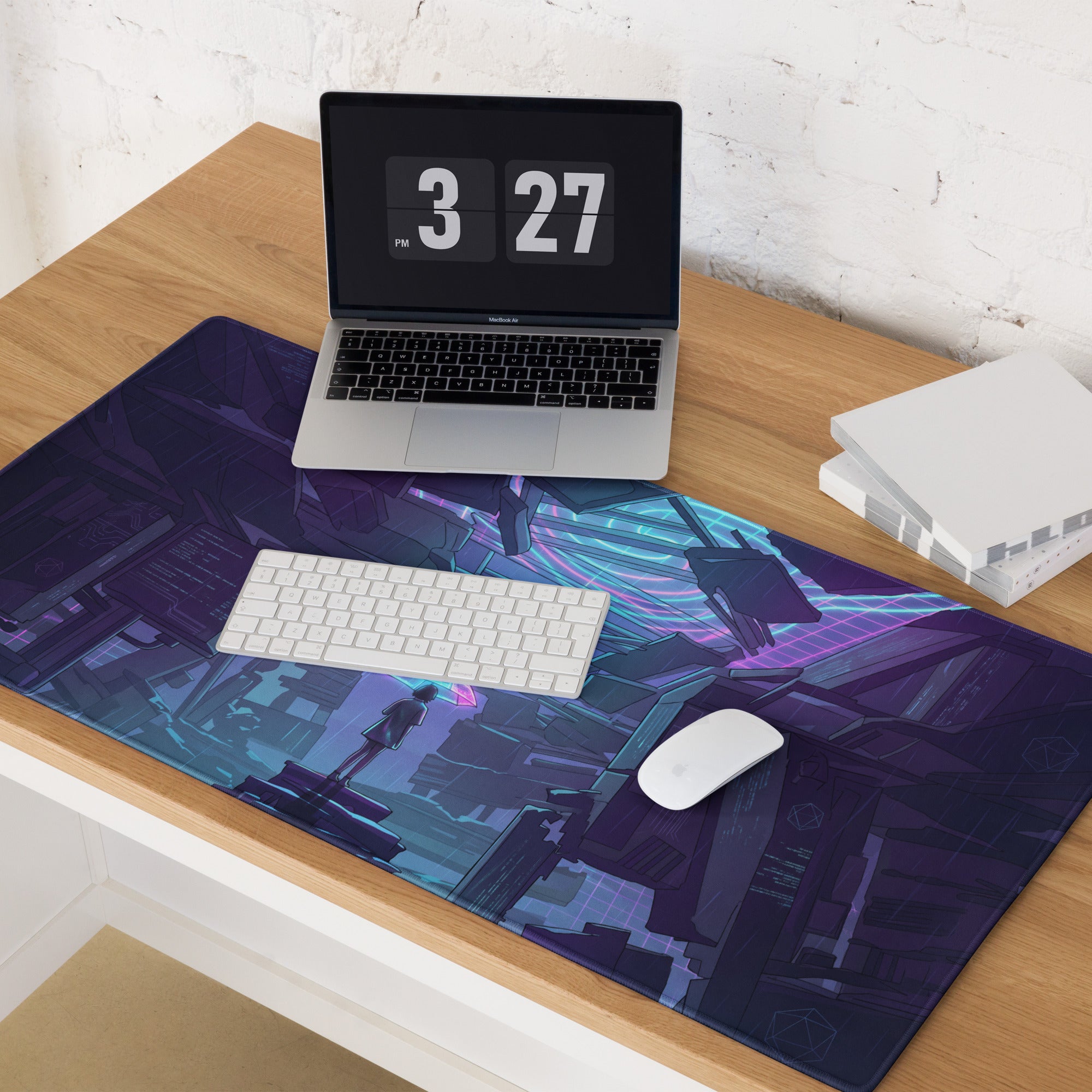Navy blue and teal cyberpunk-themed gaming mousepad with futuristic cityscape design for neon vaporwave setup