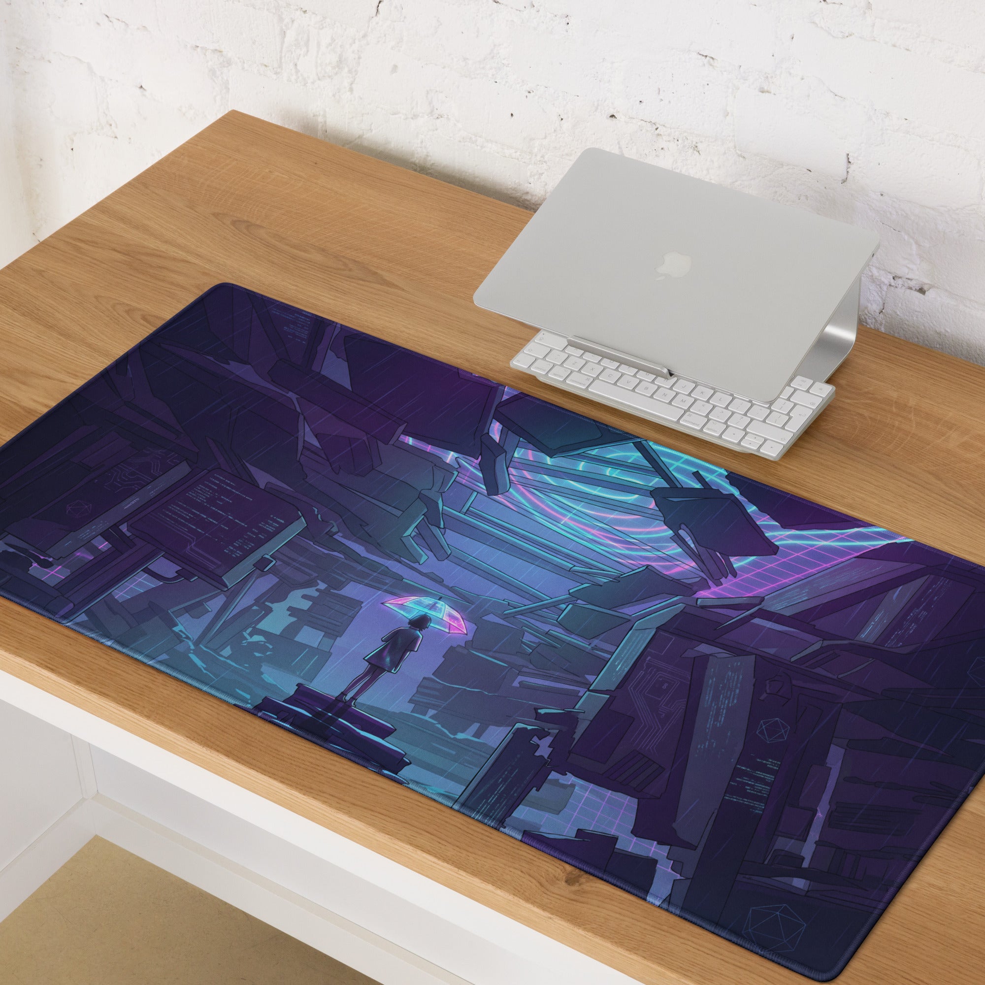 Narrow rectangular gaming mousepad with dark purple and teal neon vaporwave cityscape and lone figure holding umbrella