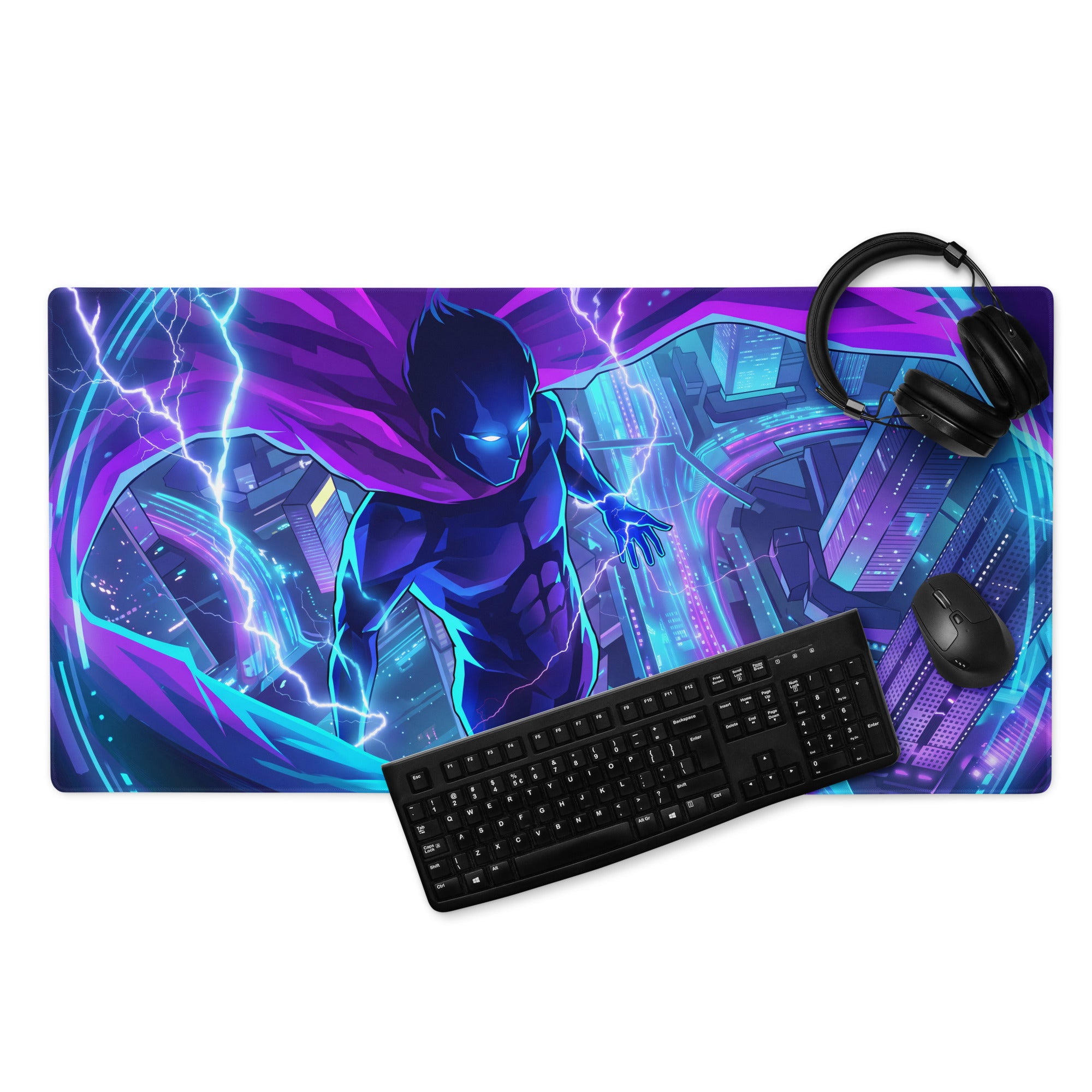 Neon vaporwave city hero mouse pad with vibrant purple and blue neon superhero and futuristic cityscape design