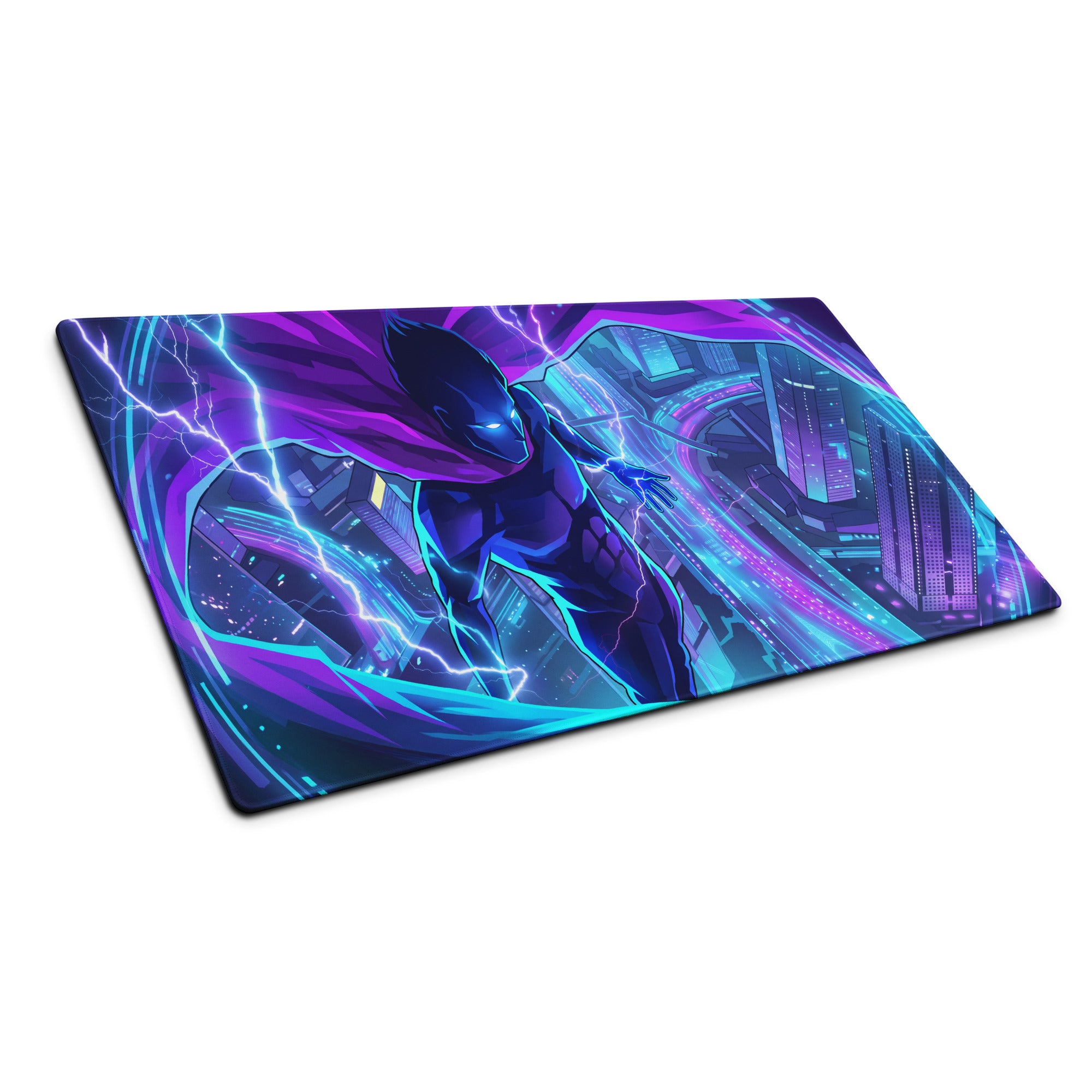 Neon vaporwave city hero mouse pad with vibrant purple and blue colors featuring a futuristic superhero in a cyberpunk cityscape