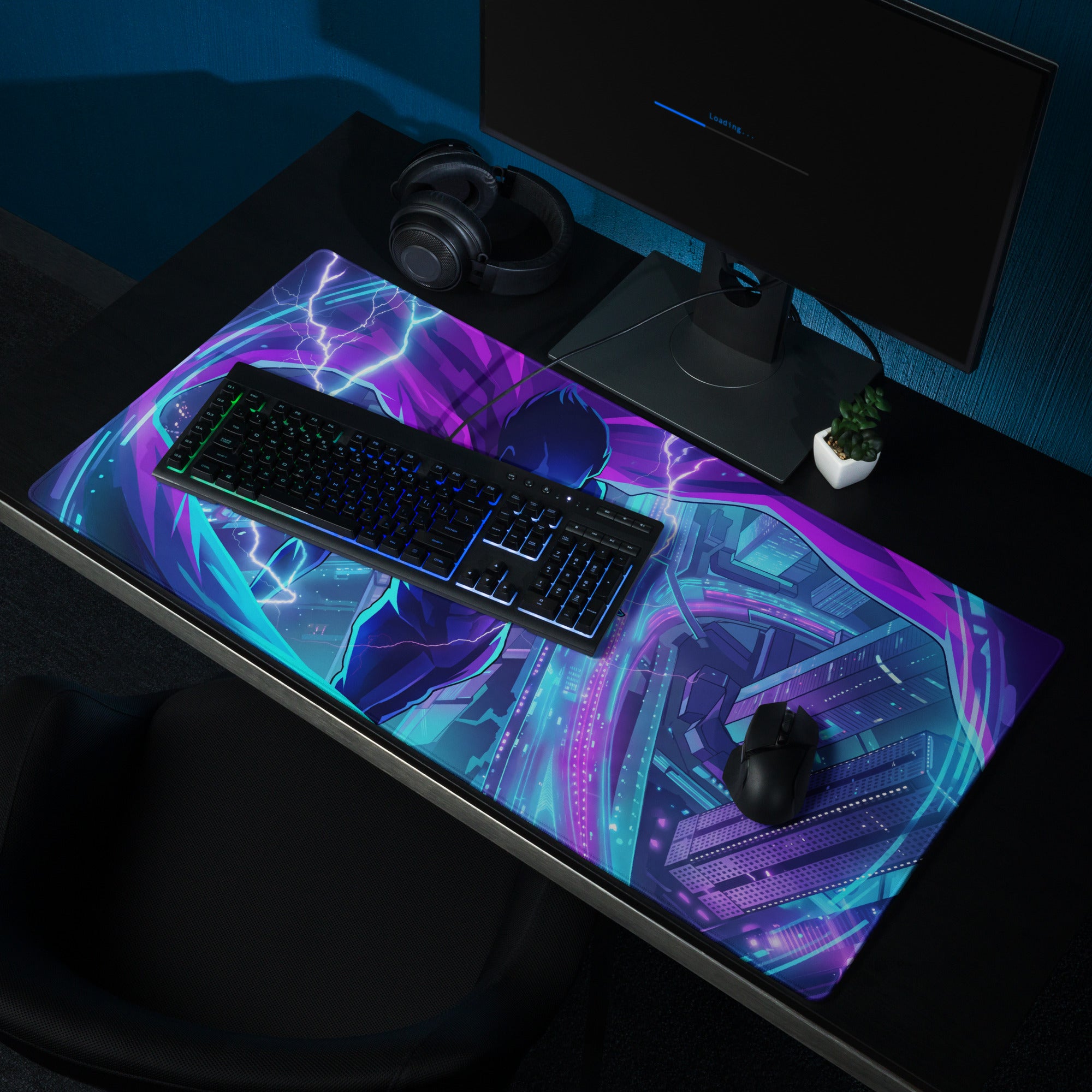 Neon vaporwave city hero mouse pad with vibrant purple and cyan cyberpunk anime design for gaming desks
