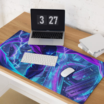 Neon vaporwave city hero mouse pad with vibrant purple and teal cyberpunk design featuring a glowing character
