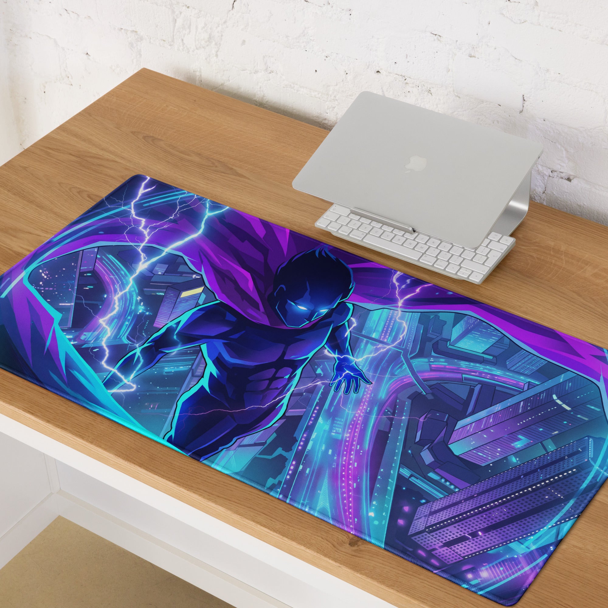Neon vaporwave city hero mouse pad with vibrant purple and blue design featuring a superhero in a futuristic cityscape