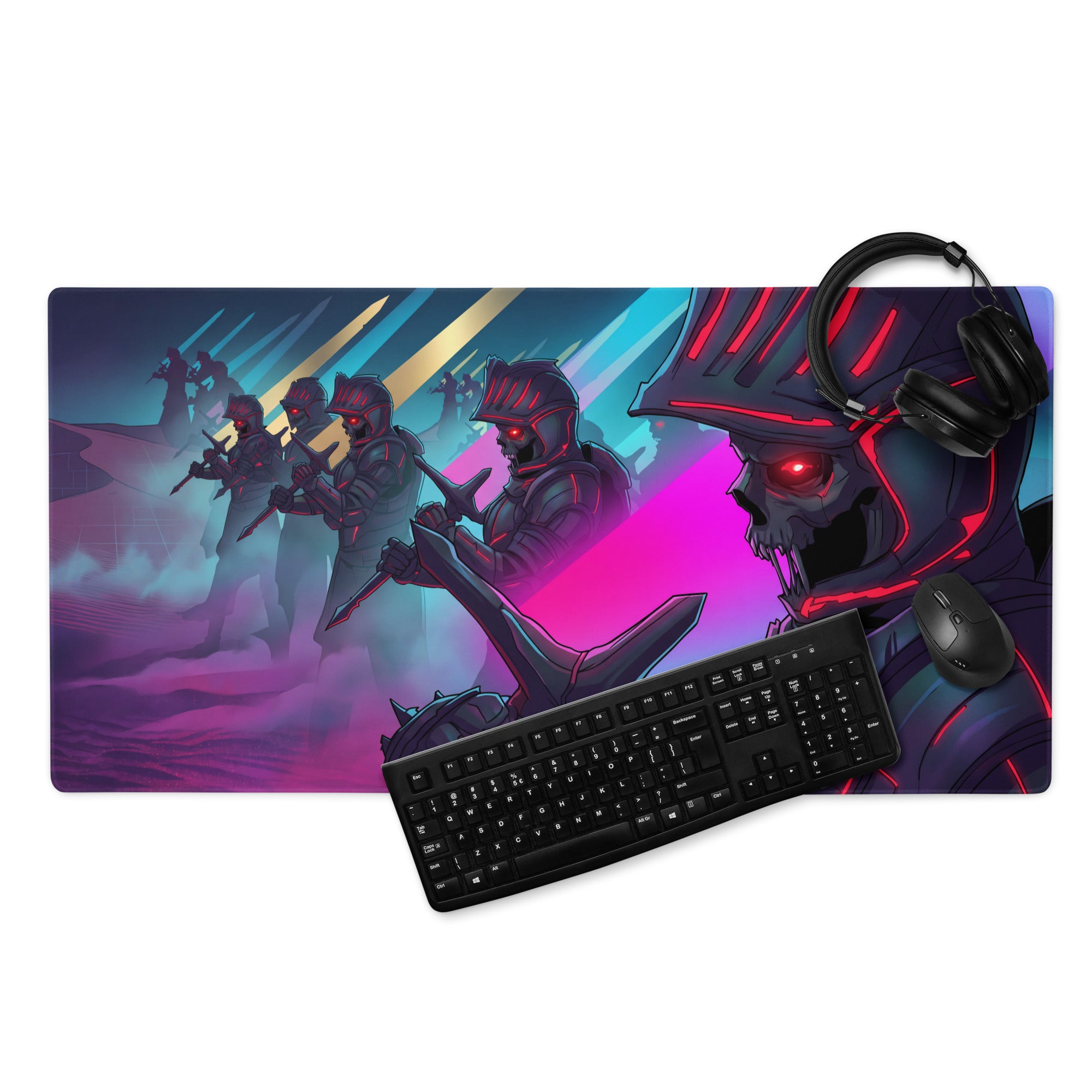 A vibrant neon pink purple blue gaming mousepad with armored knights glowing red eyes in cyberpunk digital art