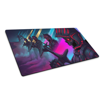 Neon vaporwave combat pad gaming mousepad with vibrant armored warriors glowing red eyes on purple pink blue background