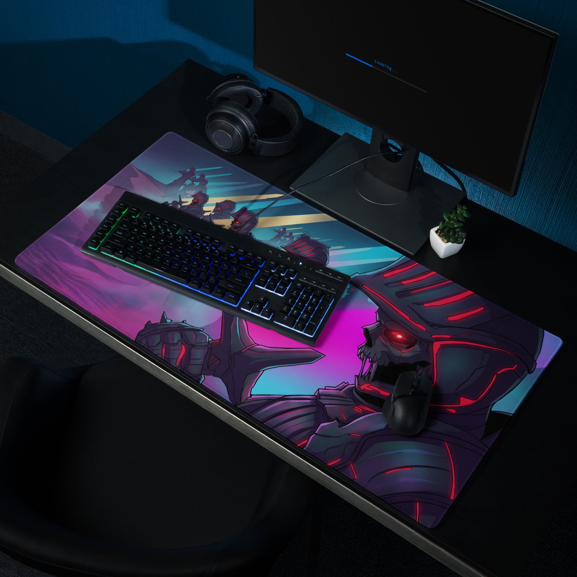 Neon vaporwave combat pad gaming mouse pad with vibrant robotic skull design in neon pink purple and blue colors