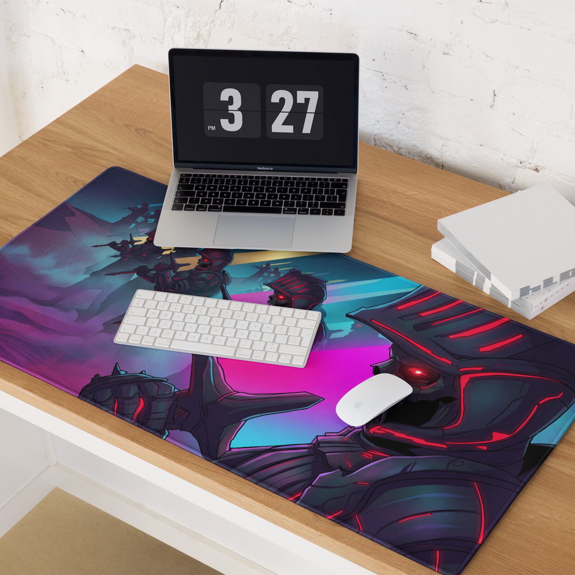 Vibrant purple and teal neon vaporwave combat gaming mousepad with armored fantasy characters and glowing red accents