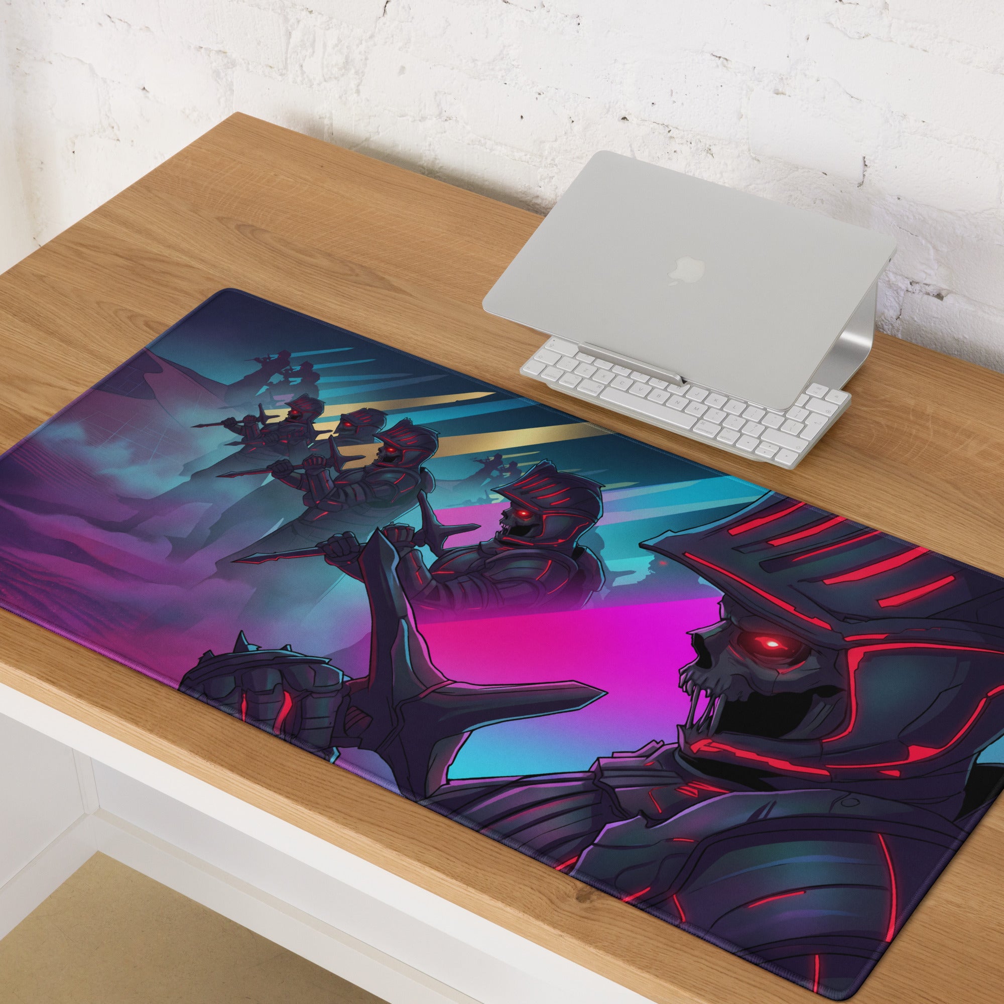 A vibrant rectangular neon vaporwave combat gaming mousepad with glowing red-eyed skeletal warriors on a purple teal background