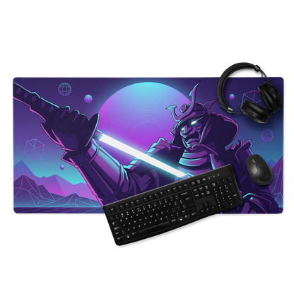 Neon knight vaporwave mouse pad with purple blue gradient featuring a samurai warrior and cosmic neon sword design