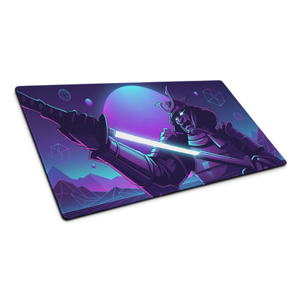 Neon knight vaporwave mouse pad with navy blue and purple neon samurai design on a cyberpunk gradient desktop pad