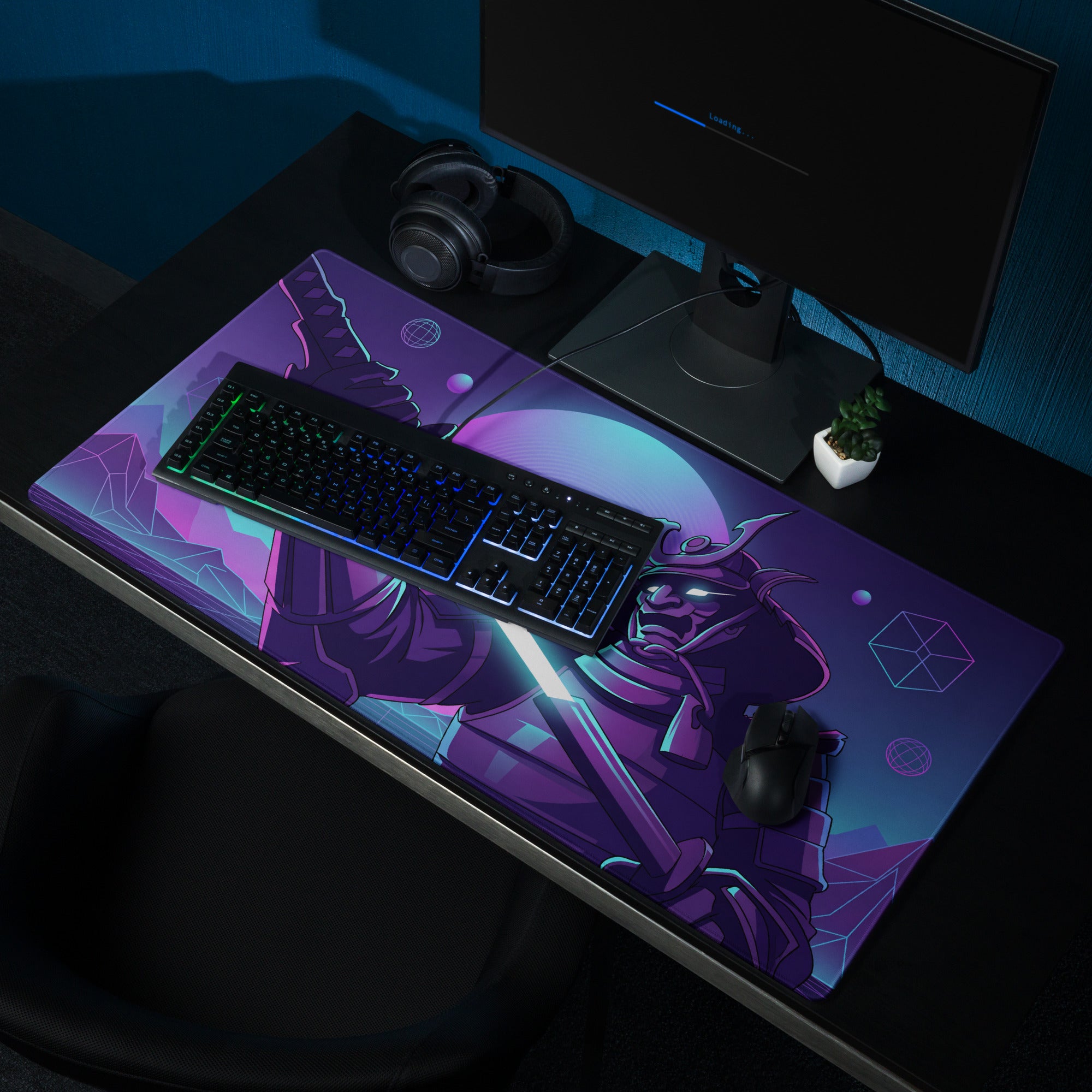 Neon knight vaporwave mouse pad with purple and blue gradient featuring a stylized samurai warrior design