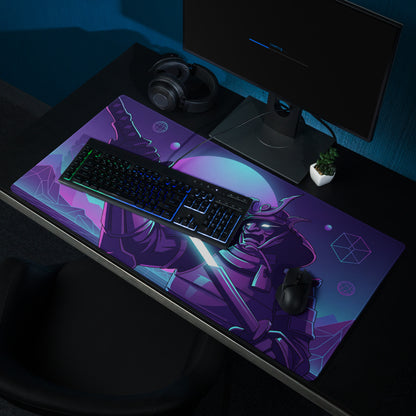 Neon knight vaporwave mouse pad with purple and blue gradient featuring a stylized samurai warrior design