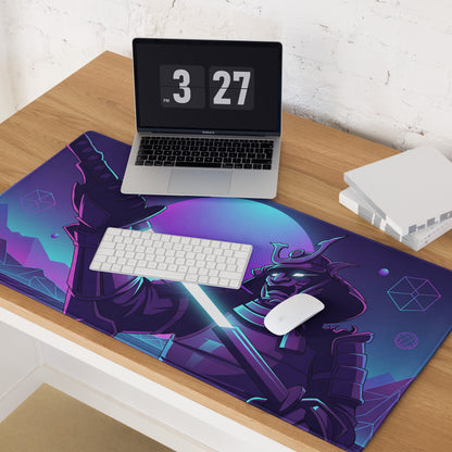 Purple and blue neon-themed gaming mouse pad with stylized samurai warrior design for cyberpunk desktops