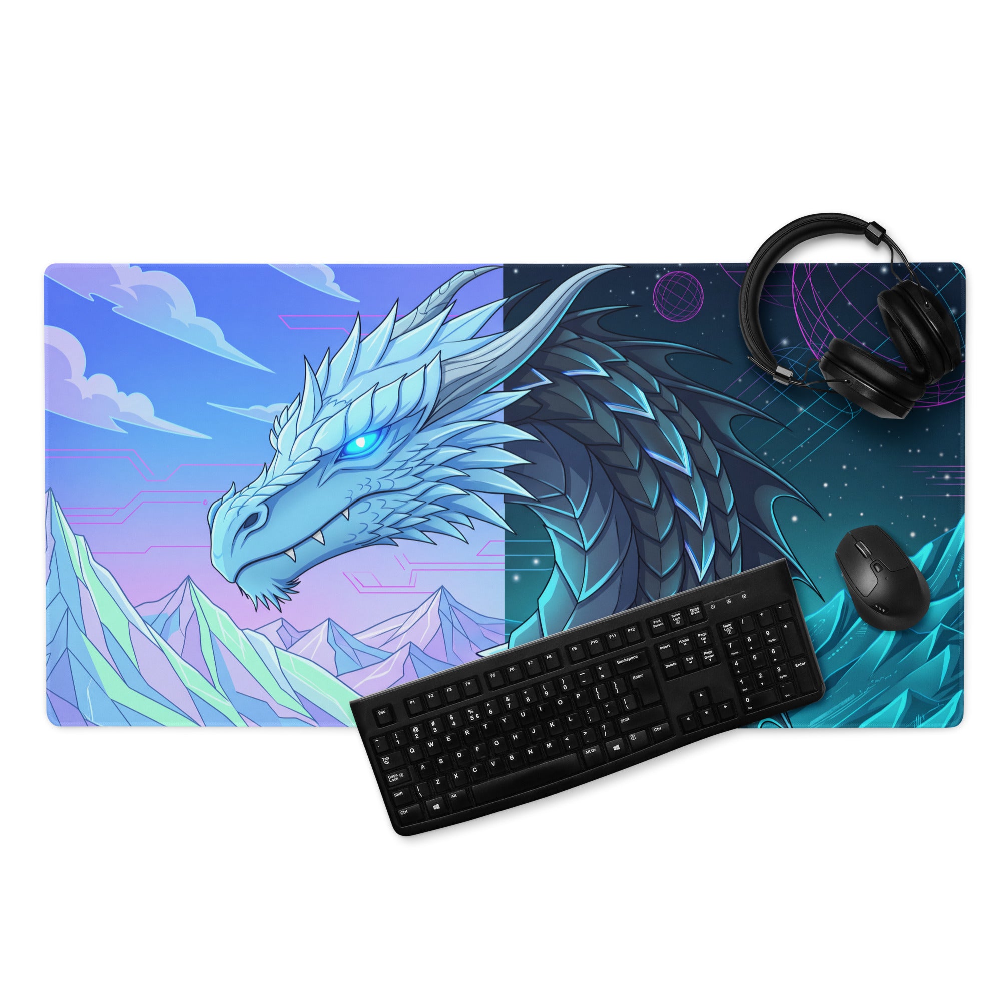 Neon dragon vaporwave gaming mouse pad with vibrant blue dragon design featuring icy mountains and cosmic space