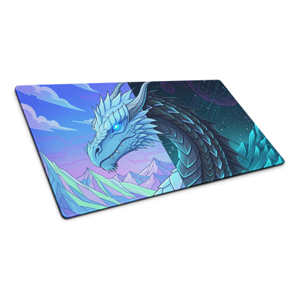 Neon dragon vaporwave gaming mousepad featuring a vibrant blue dragon with glowing eyes on a purple and teal cosmic background