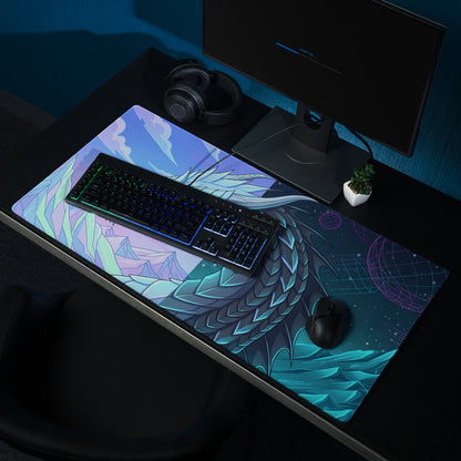 Neon dragon vaporwave mouse pad featuring a detailed teal and purple dragon illustration on a cosmic background