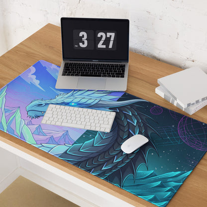 A vibrant blue dragon-themed gaming mousepad featuring detailed mountainous and cosmic vaporwave art for desk use