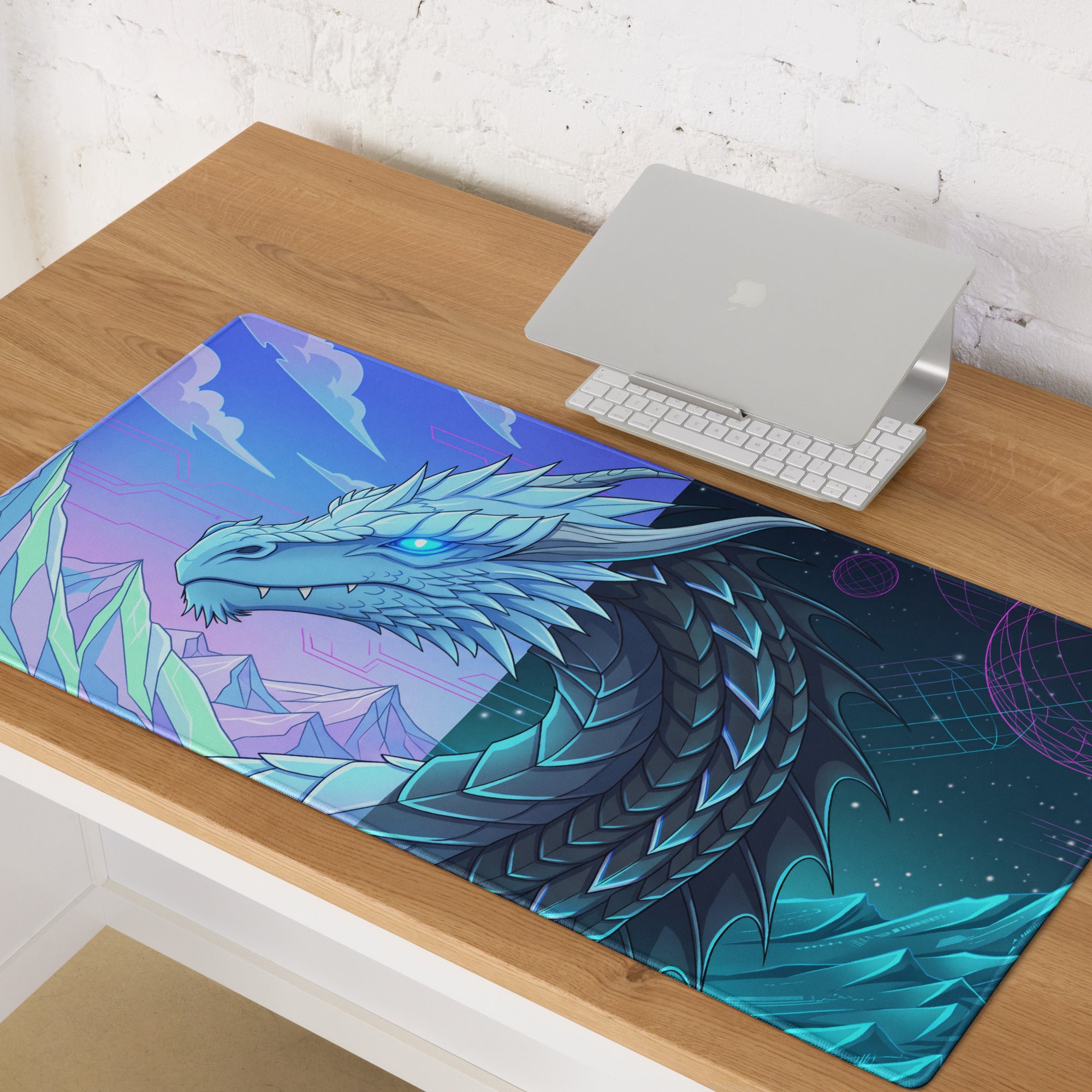 A vibrant blue dragon-themed neon gaming mousepad with detailed scales and futuristic vaporwave design