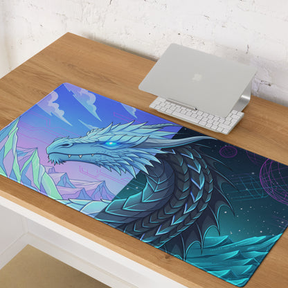 A vibrant blue dragon-themed neon gaming mousepad with detailed scales and futuristic vaporwave design