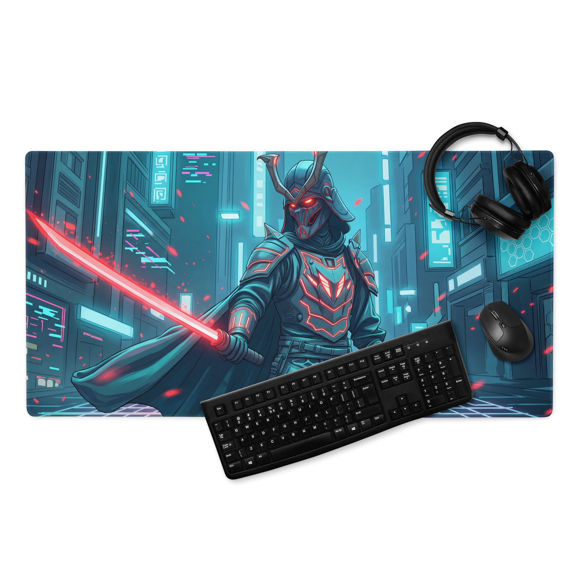 Neon samurai vaporwave mouse pad with glowing red lightsaber and neon cityscape design for gaming desks