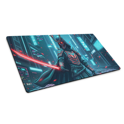 Neon samurai vaporwave mouse pad featuring a ninja-themed glowing red sword and neon-lit cyberpunk cityscape design