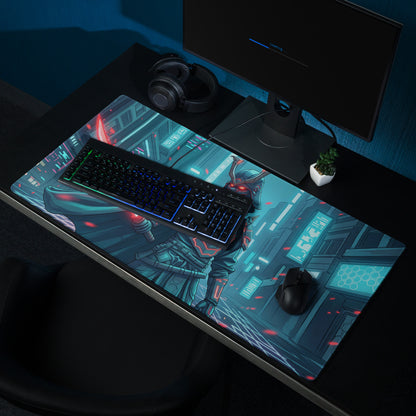 A sleek rectangular neon samurai mouse pad with vibrant teal and red cyberpunk warrior illustration for gaming desks